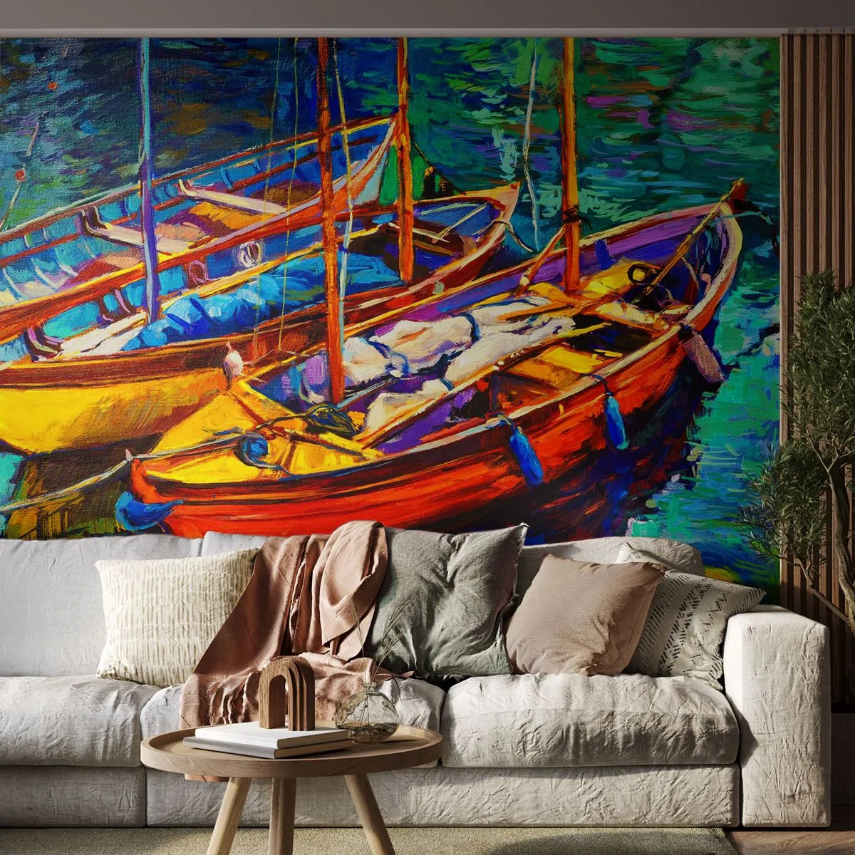 Fotobehang Premium Canvas - Op water vol met kleuren - Łódź, Zeilboot, Zee - 250x175 cm