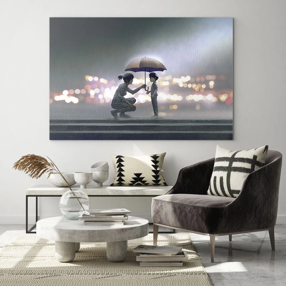Schilderen op glas - Figuren in de regen met paraplu's tegen de achtergrond van nachtlampjes - 70x50cm - En het is goed nu - Moderne wanddecoratie voor woonkamer en slaapkamer ARTTOR