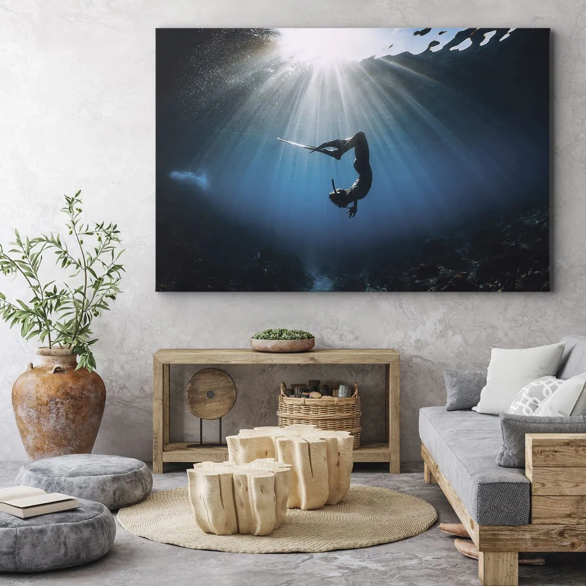 Schilderen op canvas - Een duiker die in een lichtstraal onder water zweeft - 70x50cm - onderwaterdans - Moderne wanddecoratie voor woonkamer en slaapkamer ARTTOR