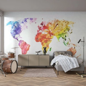 Fotobehang Premium Canvas - Alle kleuren van de wereld - Wereldkaart, Grafisch, Continenten - 250x175 cm