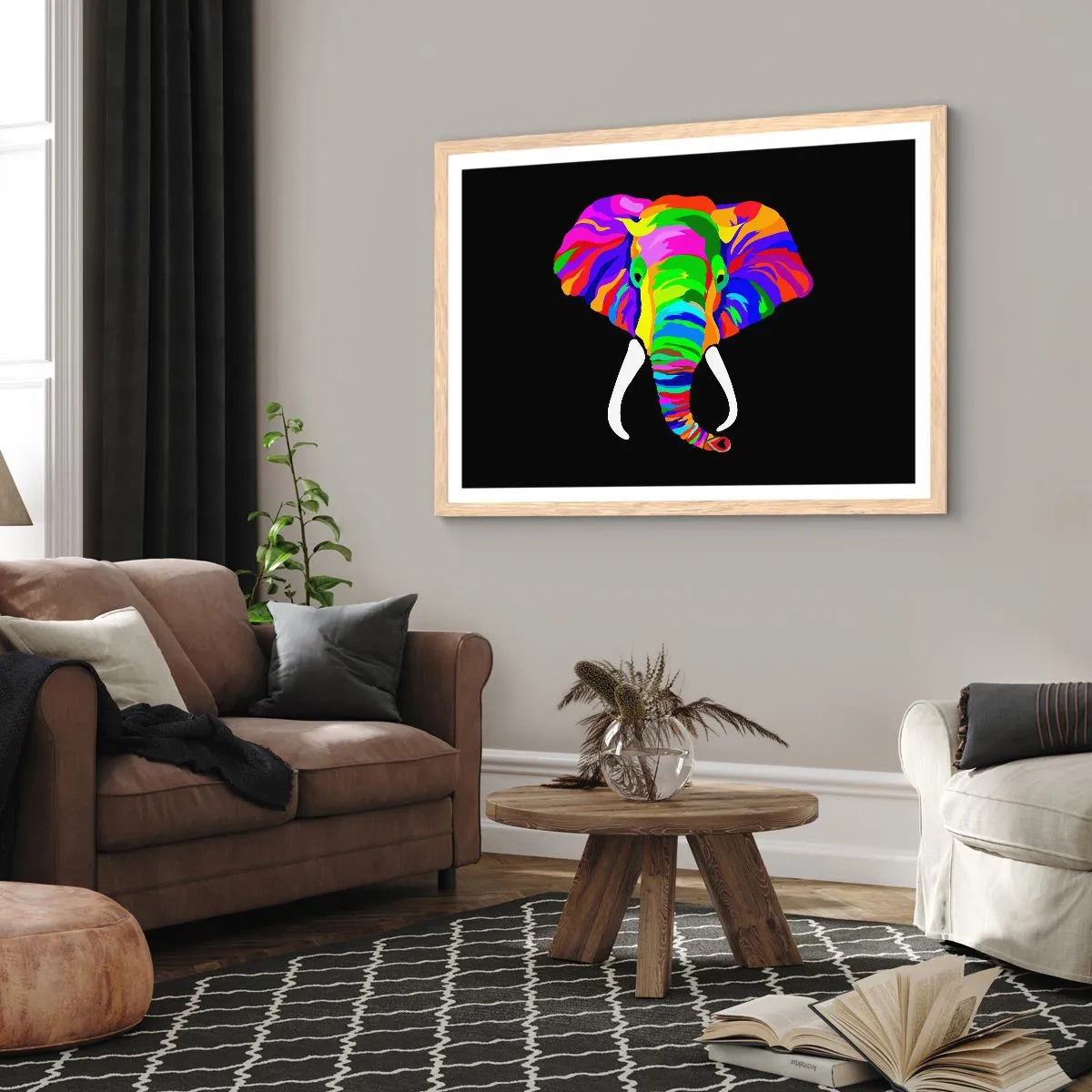 Een poster in een licht eiken lijst - De olifant die ervan hield om in de regenboog te baden - 70x50 cm