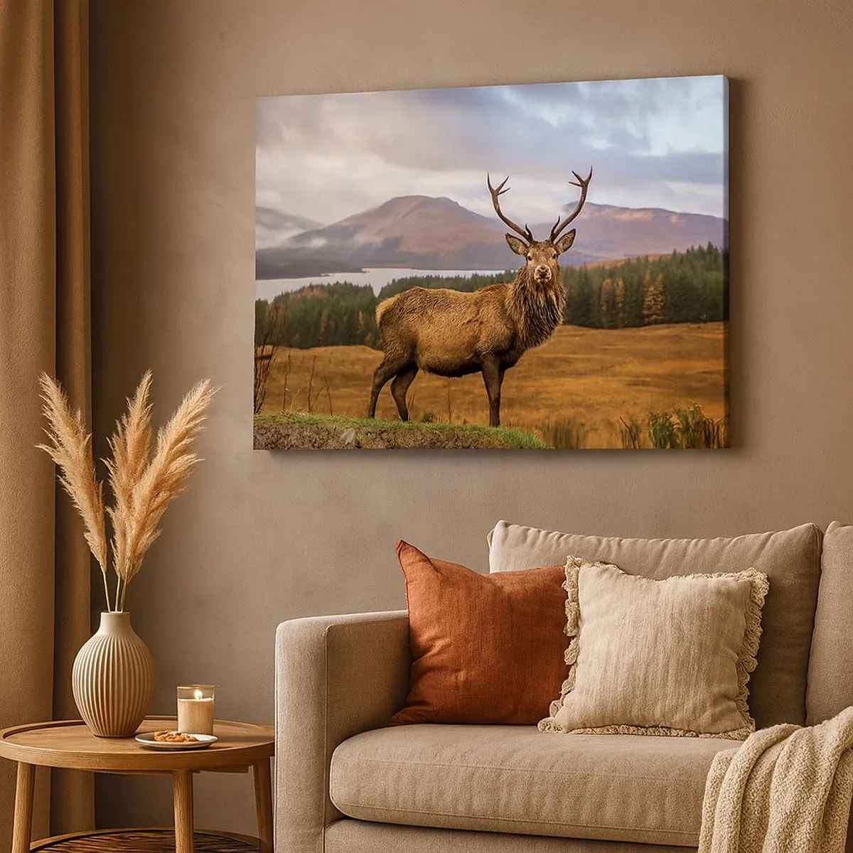Schilderen op canvas - Een hert tegen de achtergrond van een berglandschap met meren en bos - 70x50cm - De majesteit van de natuur - Moderne wanddecoratie voor woonkamer en slaapkamer ARTTOR