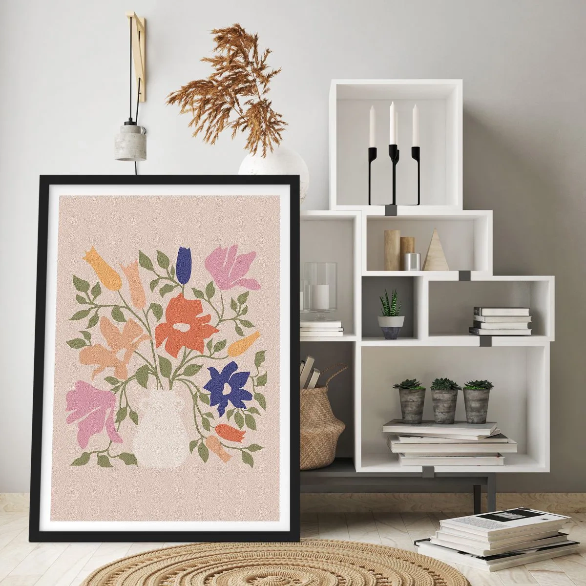 Poster in een zwarte lijst - Een kleurrijk boeket bloemen in een lichte vaas op een beige achtergrond - 50x70cm - Fijn boeket - Moderne wanddecoratie voor woonkamer en slaapkamer ARTTOR