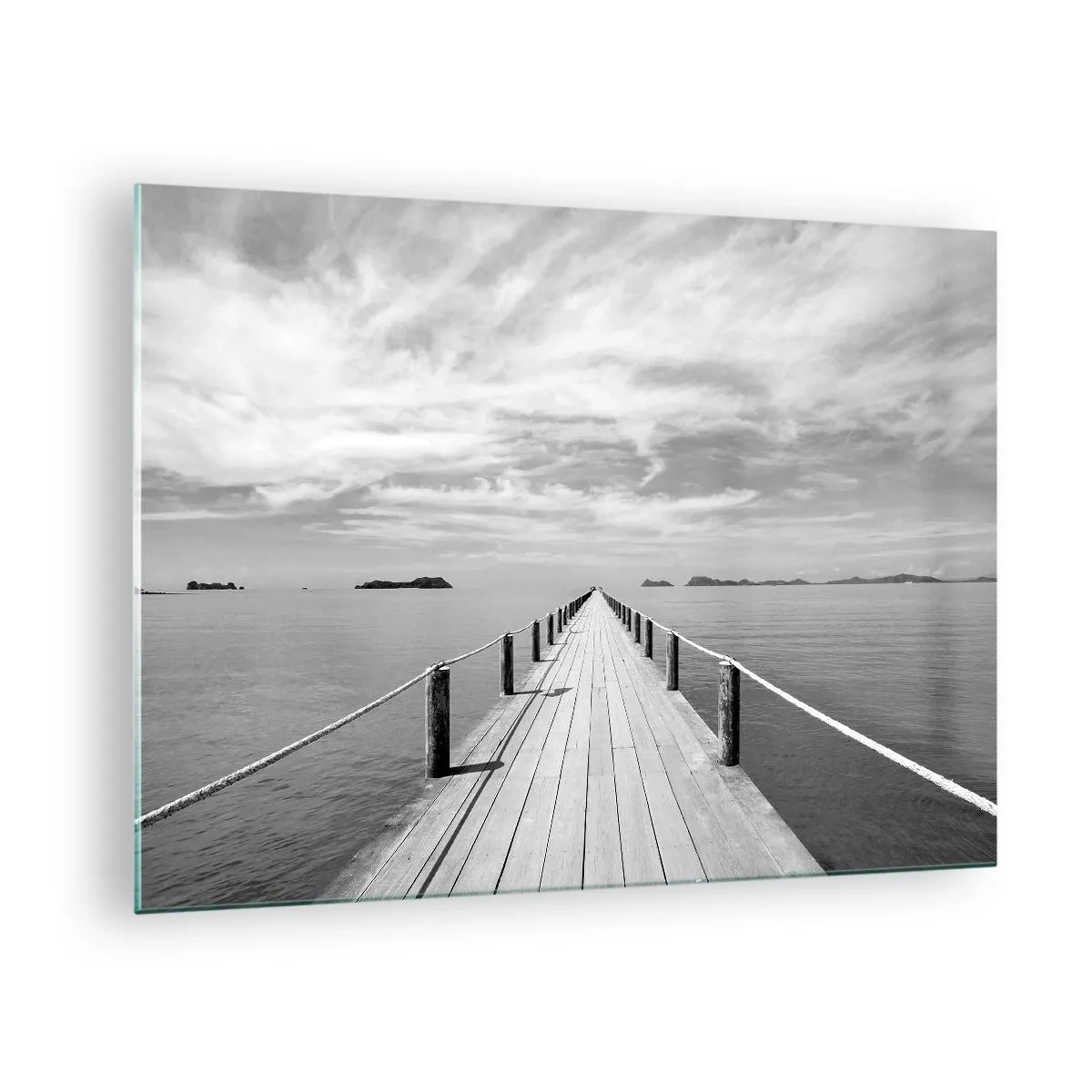 Schilderen op glas - Een houten pier die in de verte over een kalme zee leidt - 70x50cm - Of misschien een reis... - Moderne wanddecoratie voor woonkamer en slaapkamer ARTTOR
