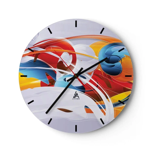 Wandklok - Klok - Abstracte vormen in dynamische kleuren rood, blauw en geel - 30x30cm - De dans van de elementen - Moderne wanddecoratie voor woonkamer, keuken en slaapkamer ARTTOR