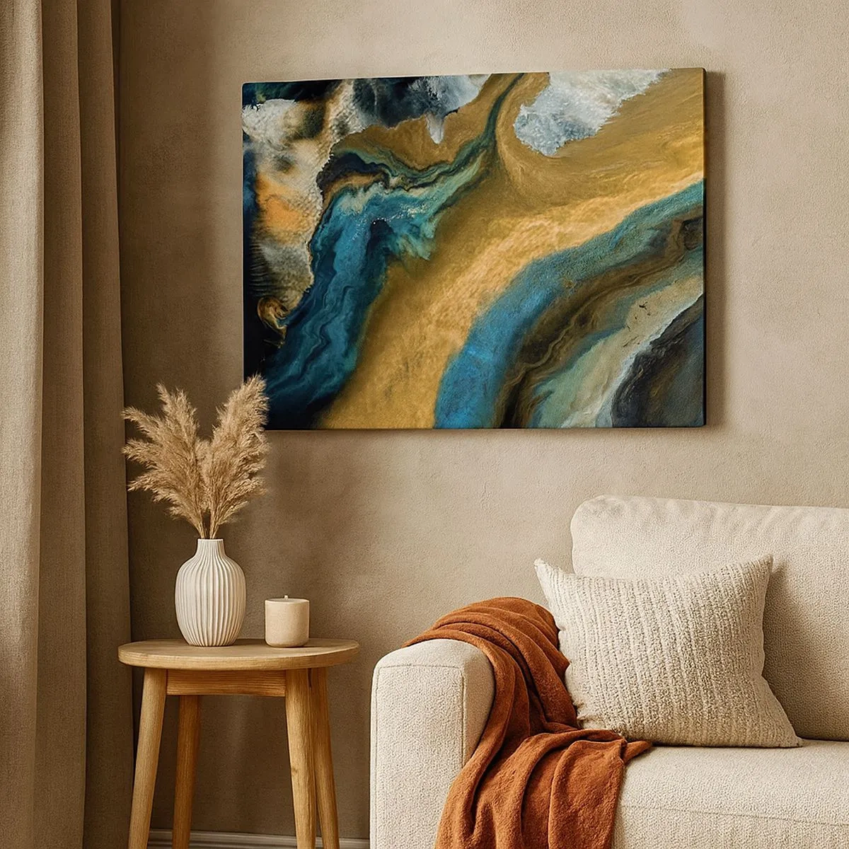 Schilderen op canvas - Abstracte golven in tinten goud en blauw - 70x50cm - Blauw - geel - wederzijdse invloeden - Moderne wanddecoratie voor woonkamer en slaapkamer ARTTOR