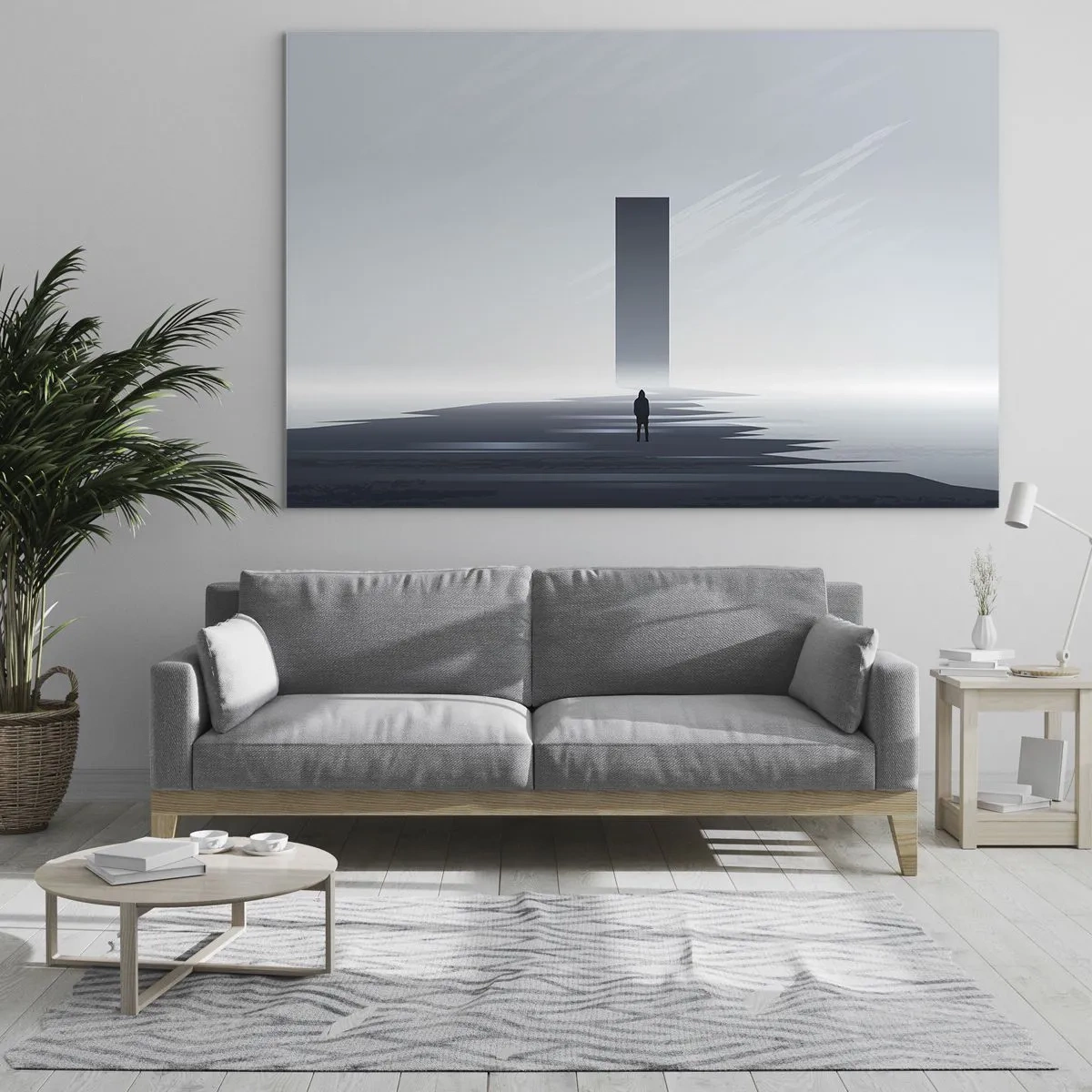 Schilderen op glas - Een minimalistisch landschap met een figuur en een monoliet in de verte. - 70x50cm - Kans of bedreiging? - Moderne wanddecoratie voor woonkamer en slaapkamer ARTTOR