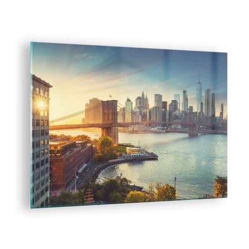 Schilderen op glas - Panorama van New York City met de Brooklyn Bridge - 70x50cm - Dageraad in de grote stad - Moderne wanddecoratie voor woonkamer en slaapkamer ARTTOR