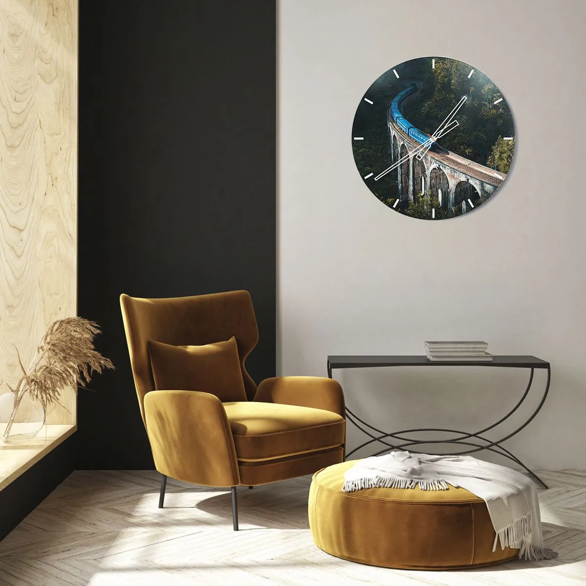 Wandklok - Klok - Een trein op een viaduct te midden van tropisch groen - 30x30cm - Neiging tot natuur - Moderne wanddecoratie voor woonkamer, keuken en slaapkamer ARTTOR