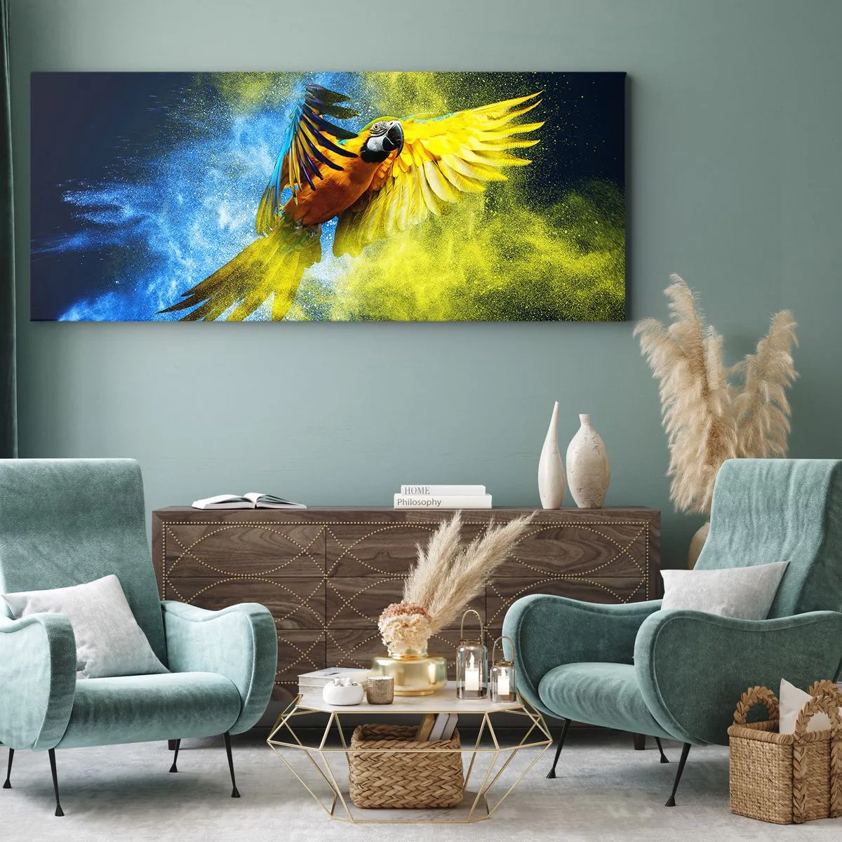 Schilderen op canvas - In het blauwe en gouden stof - 100x40 cm