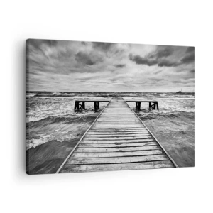 Schilderen op canvas - Een zwart-witfoto van een houten steiger boven een stormachtige zee. - 70x50cm - Ik wacht tot de wind wegjaagt... - Moderne wanddecoratie voor woonkamer en slaapkamer ARTTOR
