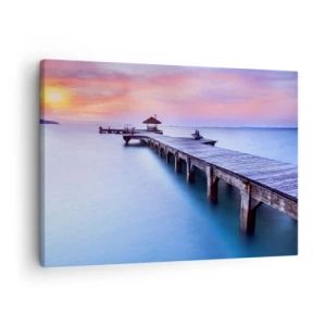 Schilderen op canvas - Houten pier die tijdens zonsondergang het water op leidt - 70x50cm - Een zee van rust tot aan de horizon - Moderne wanddecoratie voor woonkamer en slaapkamer ARTTOR