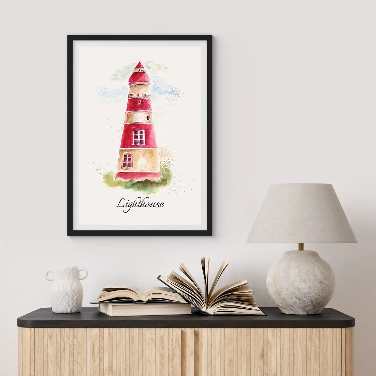 Poster in een zwarte lijst - Aquarelillustratie van een vuurtoren op een lichte achtergrond - 50x70cm - Er is altijd goed weer in de buurt - Moderne wanddecoratie voor woonkamer en slaapkamer ARTTOR