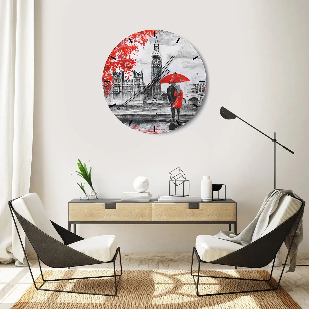 Wandklok - Klok - Een stel onder een rode paraplu met de Big Ben en het Parlementsgebouw op de achtergrond. - 30x30cm - Verliefd op Londen - Moderne wanddecoratie voor woonkamer, keuken en slaapkamer ARTTOR