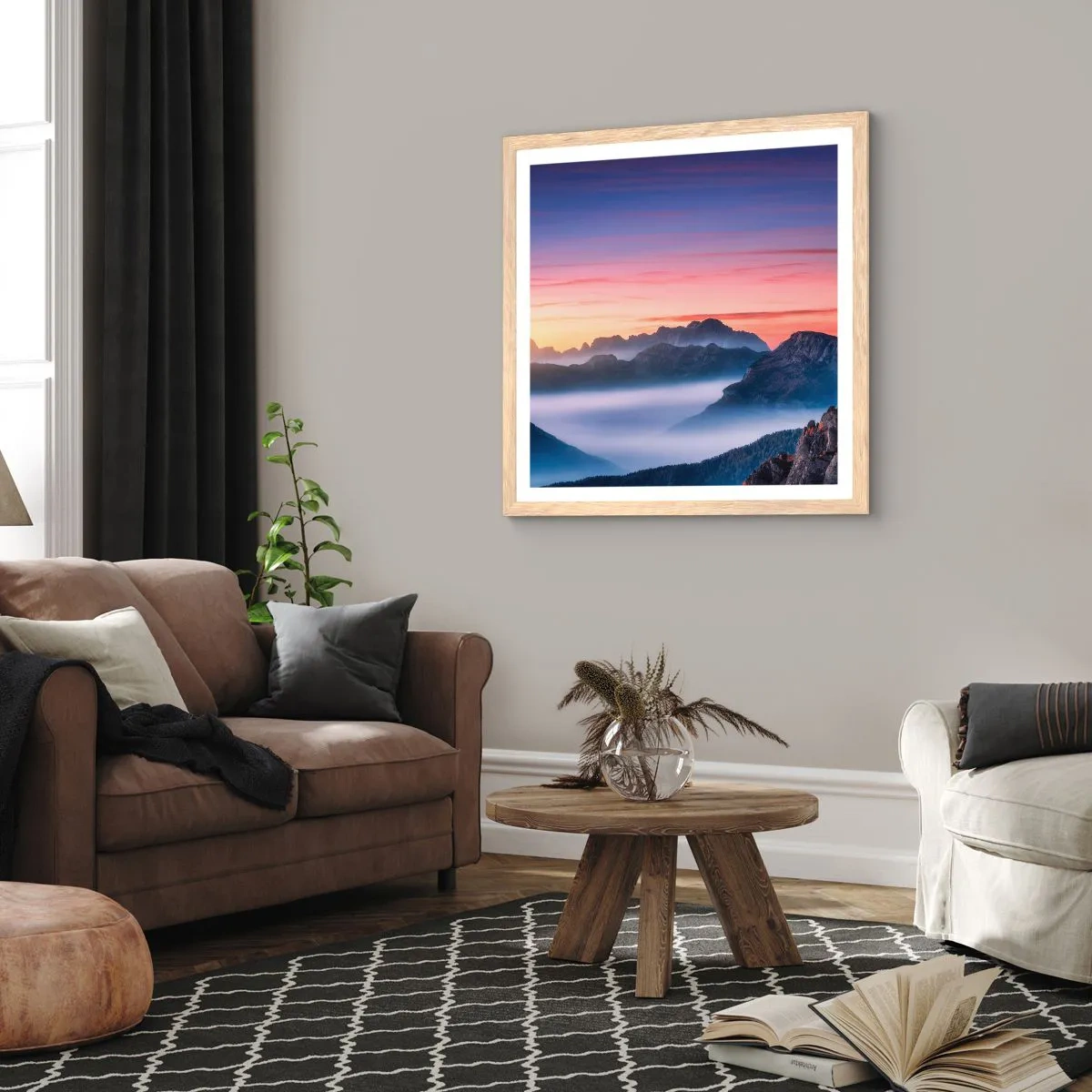 Een poster in een licht eiken lijst - Over de valleien - 50x50 cm