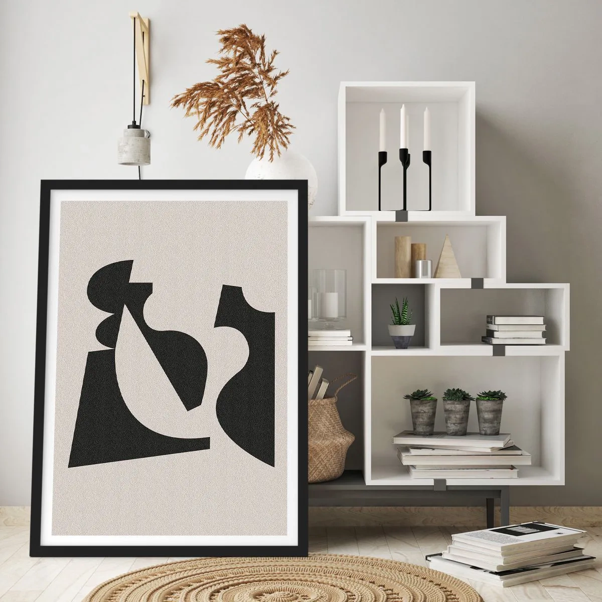 Poster in een zwarte lijst - Abstracte geometrische compositie in zwart en beige - 50x70cm - Voor zelfassemblage - Moderne wanddecoratie voor woonkamer en slaapkamer ARTTOR