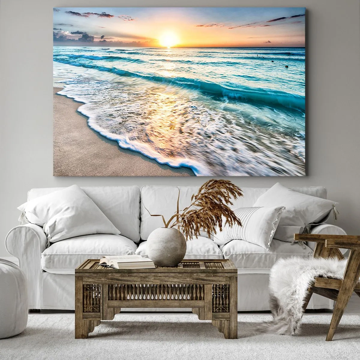 Schilderen op canvas - Zonsopgang boven een rustig strand met golven - 70x50cm - Een uitzicht dat de moeite waard is - Moderne wanddecoratie voor woonkamer en slaapkamer ARTTOR
