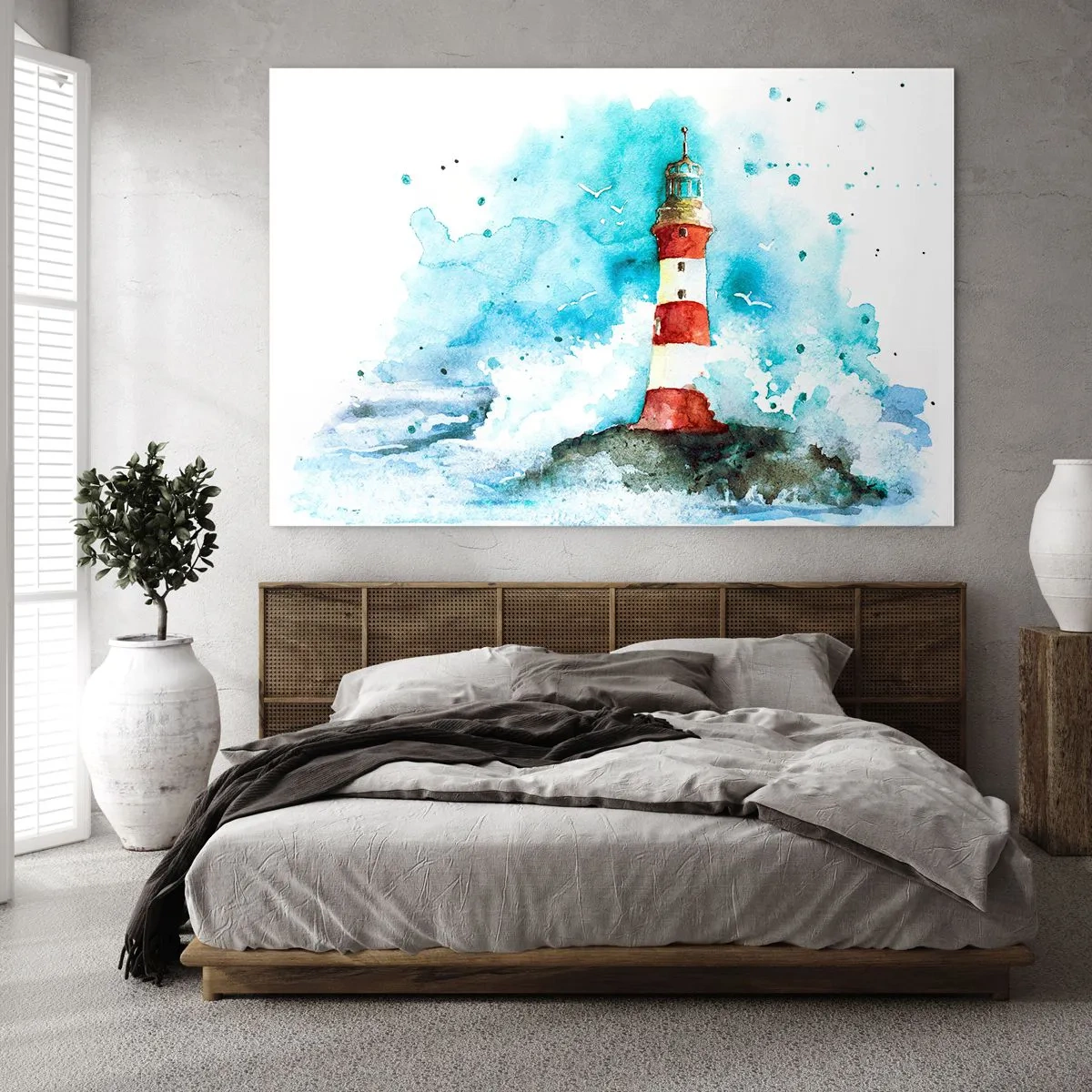 Schilderen op glas - Een vuurtoren omringd door zeegolven in aquarelstijl - 70x50cm - Eenheid van de elementen - Moderne wanddecoratie voor woonkamer en slaapkamer ARTTOR