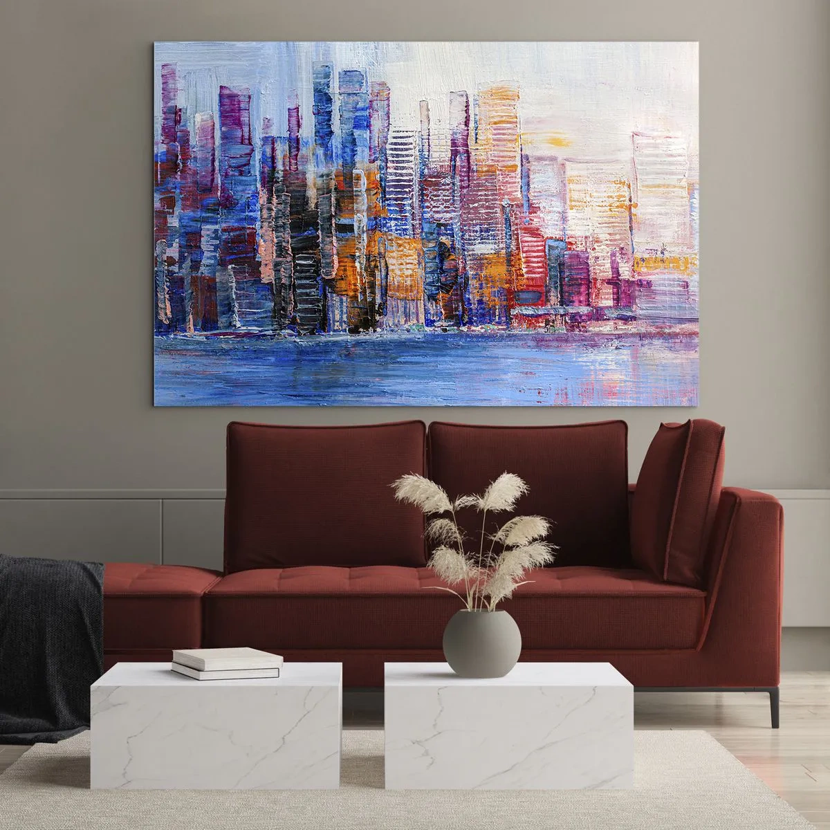 Schilderen op glas - Een kleurrijk panorama van de stad geschilderd met penseelstreken - 70x50cm - Een vrolijke metropool - Moderne wanddecoratie voor woonkamer en slaapkamer ARTTOR