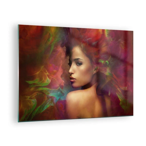 Schilderen op glas - Portret van een vrouw in een kleurrijke, abstracte setting - 70x50cm - Mooier dan een regenboog, zo delicaat als een mist - Moderne wanddecoratie voor woonkamer en slaapkamer ARTTOR