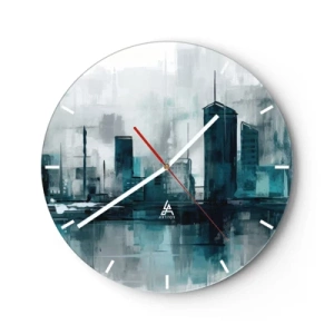 Wandklok - Klok - Een panorama van de stad in schilderachtige stijl met koele tinten - 30x30cm - Een stad in de kleur van regen - Moderne wanddecoratie voor woonkamer, keuken en slaapkamer ARTTOR
