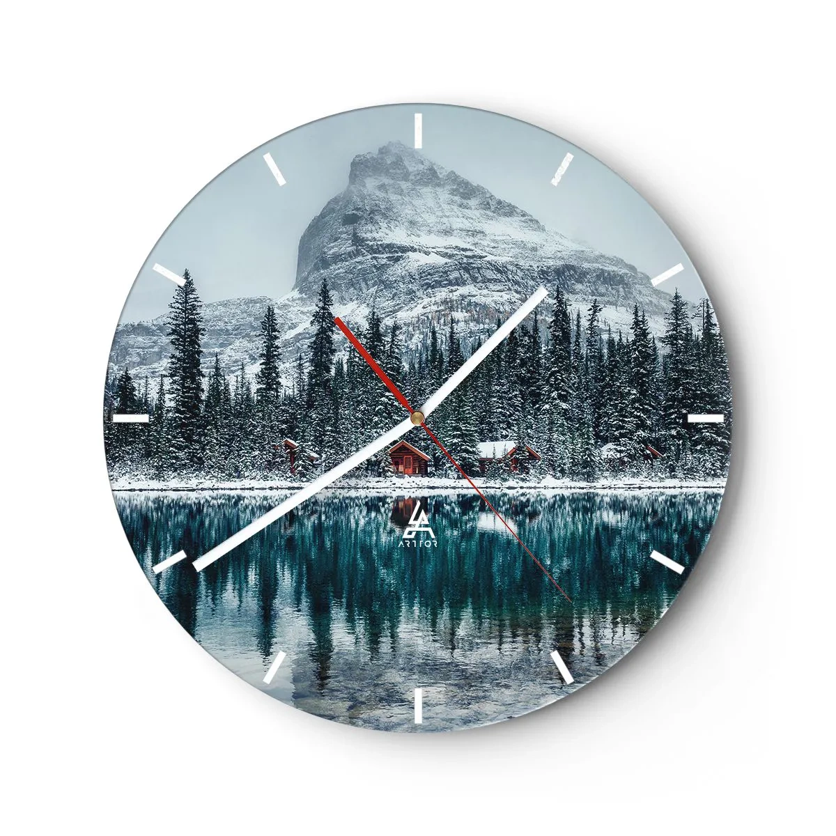 Wandklok - Klok - Winterlandschap met een meer, bos en berg op de achtergrond - 30x30cm - Canadese stilte - Moderne wanddecoratie voor woonkamer, keuken en slaapkamer ARTTOR