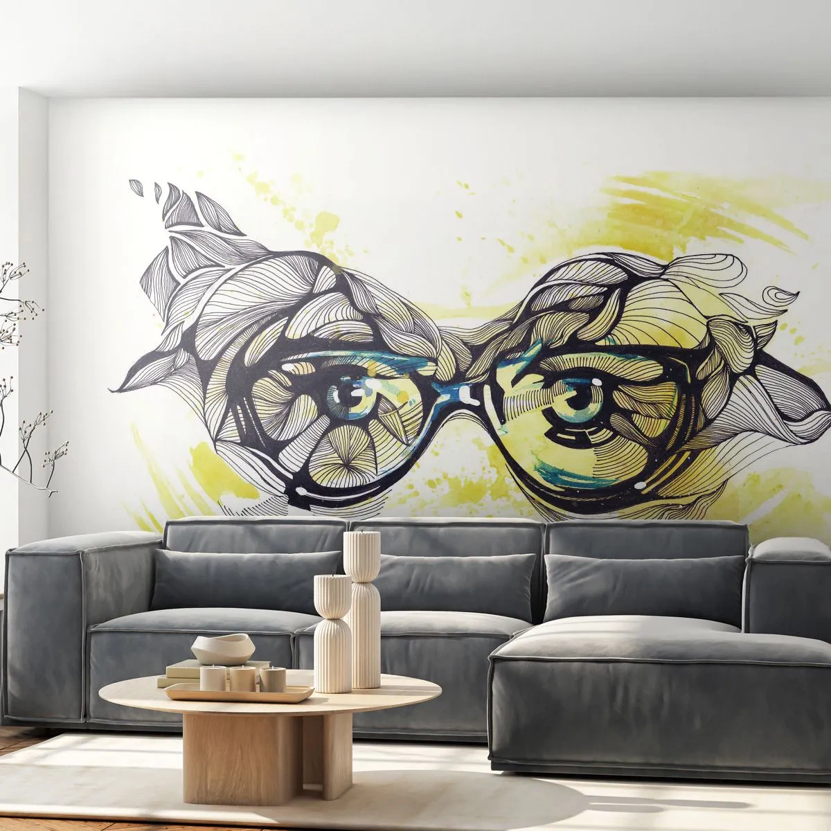 Fotobehang Standard Eco - Door een blauwe bril - Abstractie, Damesbril, Vrouwelijke ogen - 150x105 cm