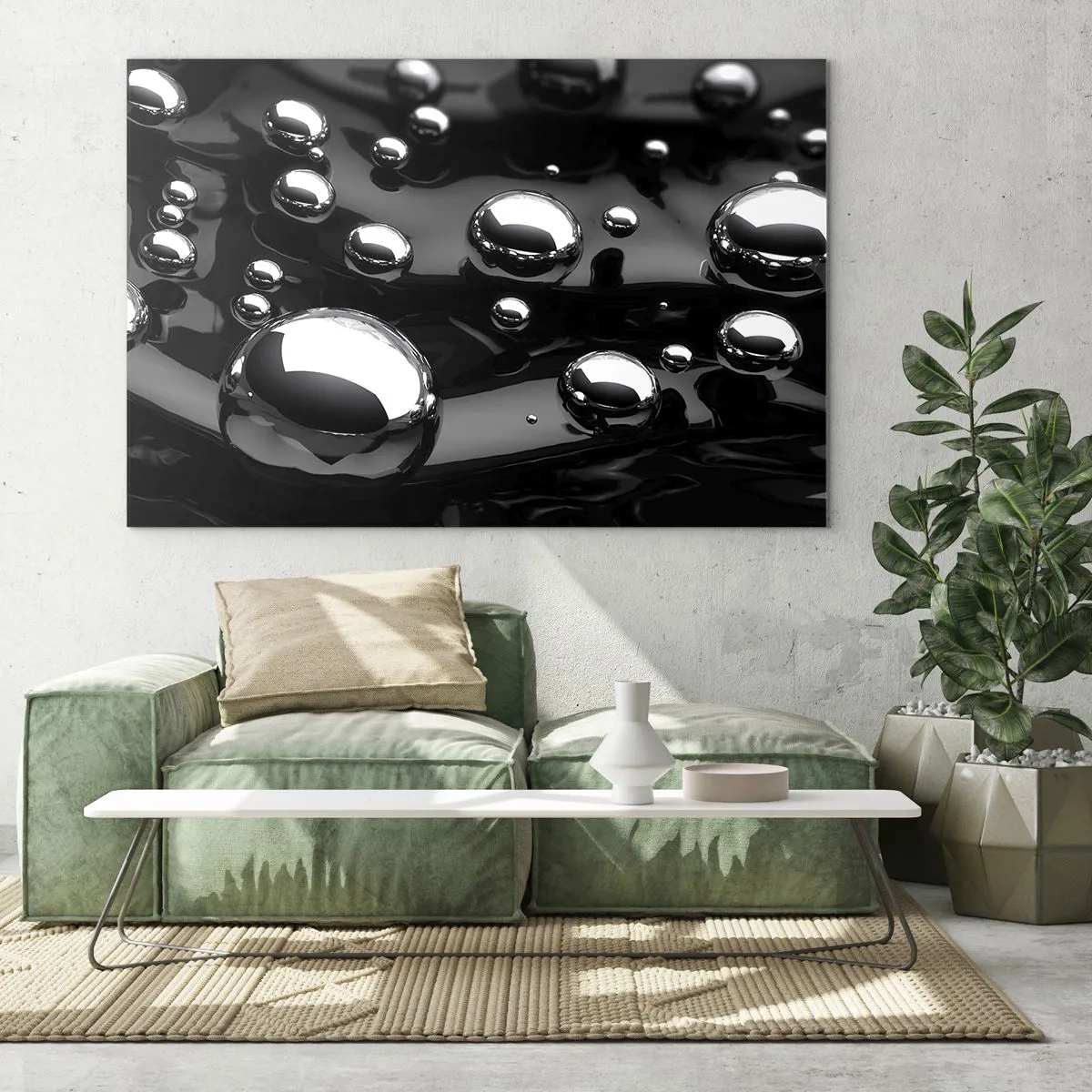 Schilderen op glas - Metalen druppels op een zwart oppervlak - 70x50cm - Uit het zwarte water - Moderne wanddecoratie voor woonkamer en slaapkamer ARTTOR