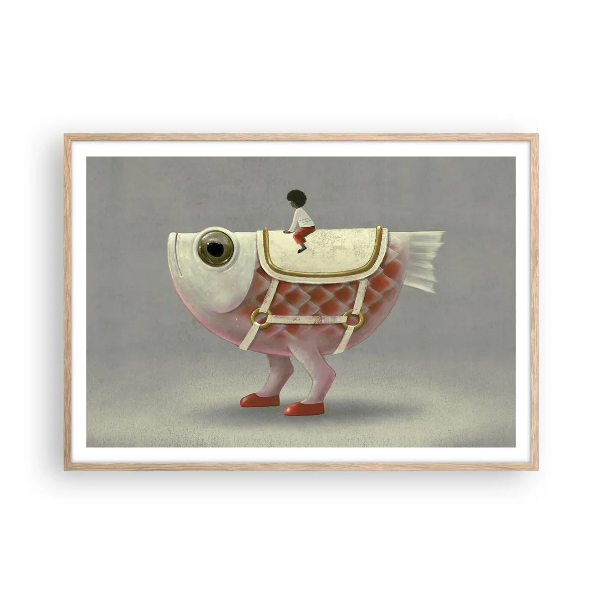 Een poster in een licht eiken lijst - Ruiter op een surrealistische vis - 100x70 cm