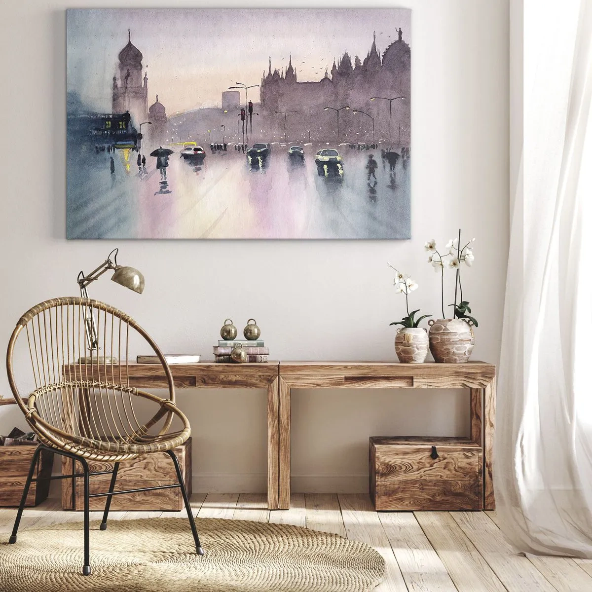 Schilderen op canvas - Een stadsstraat bij schemering in aquarelstijl - 70x50cm - In de regenachtige nevel - Moderne wanddecoratie voor woonkamer en slaapkamer ARTTOR