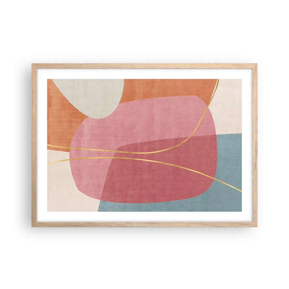 Een poster in een licht eiken lijst - Pastelkleurcompositie met gouddraad - 70x50 cm