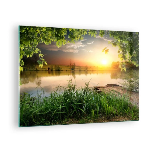 Schilderen op glas - Landschap met een meer omgeven door groen bij zonsondergang - 70x50cm - Landschap in een groen kader - Moderne wanddecoratie voor woonkamer en slaapkamer ARTTOR