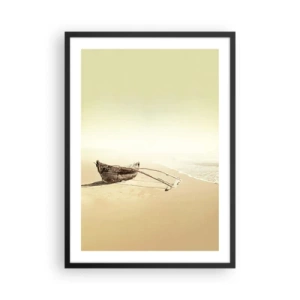 Poster in een zwarte lijst - Een eenzame houten boot op een leeg strand in pastelkleuren. - 50x70cm - Geheugen van de Stille Zuidzee - Moderne wanddecoratie voor woonkamer en slaapkamer ARTTOR