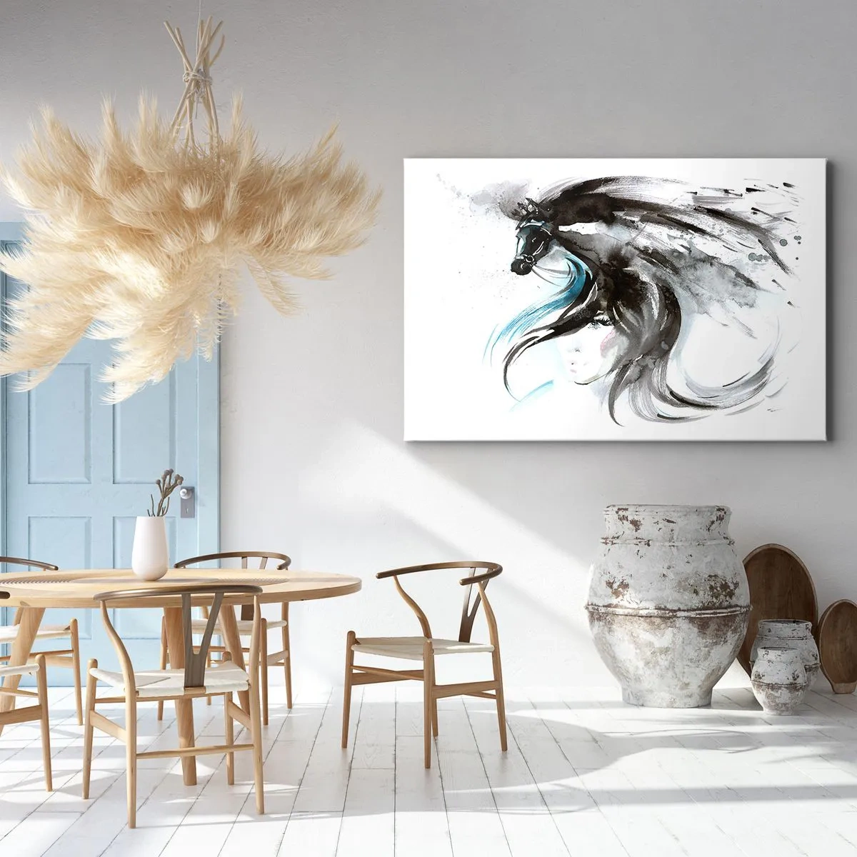 Schilderen op canvas - Een vrouw en een paard in een mystieke aquarel vol dynamiek - 70x50cm - Galop van de Zwarte Prins - Moderne wanddecoratie voor woonkamer en slaapkamer ARTTOR