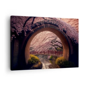 Schilderen op canvas - Een traditionele Japanse brug omgeven door kersenbloesems - 70x50cm - Japanse lente - Moderne wanddecoratie voor woonkamer en slaapkamer ARTTOR
