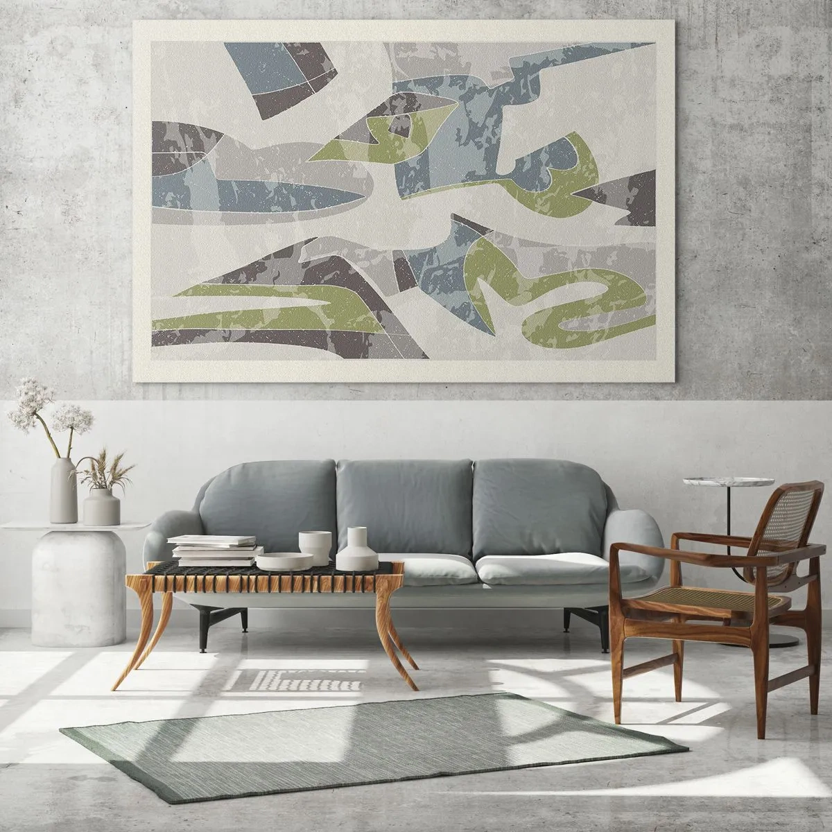 Schilderen op glas - Geometrische compositie in groen en grijs - 70x50cm - Compositie achter het glas - Moderne wanddecoratie voor woonkamer en slaapkamer ARTTOR