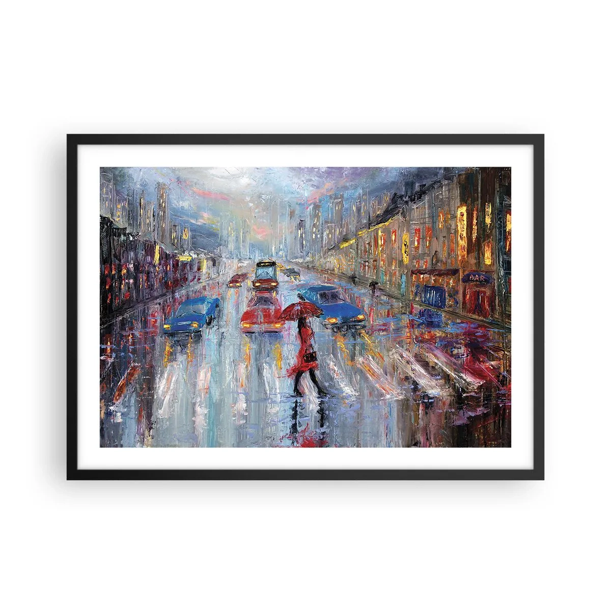 Poster in een zwarte lijst - Regenachtige middag in de stad - 70x50 cm