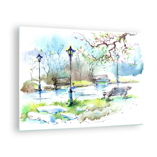 Schilderen op glas - Aquarelschilderij van een parklandschap met banken en lantaarns - 70x50cm - De charme van de stilte van het park - Moderne wanddecoratie voor woonkamer en slaapkamer ARTTOR