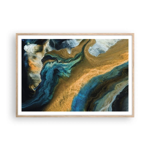 Een poster in een licht eiken lijst - Blauw - geel - wederzijdse invloeden - 100x70 cm