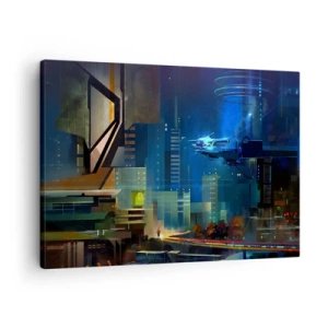 Schilderen op canvas - Futuristische stad bij nacht met neonlichten en een vliegend voertuig - 70x50cm - In de nabije toekomst - Moderne wanddecoratie voor woonkamer en slaapkamer ARTTOR