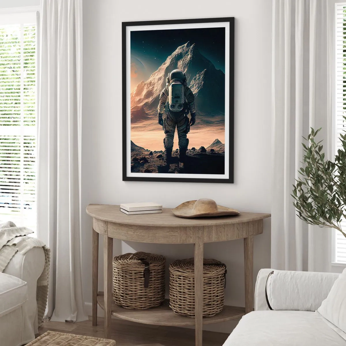 Poster in een zwarte lijst - Astronaut op een buitenaardse planeet in het sterrenlicht - 50x70cm - Nieuwe uitdaging - Moderne wanddecoratie voor woonkamer en slaapkamer ARTTOR