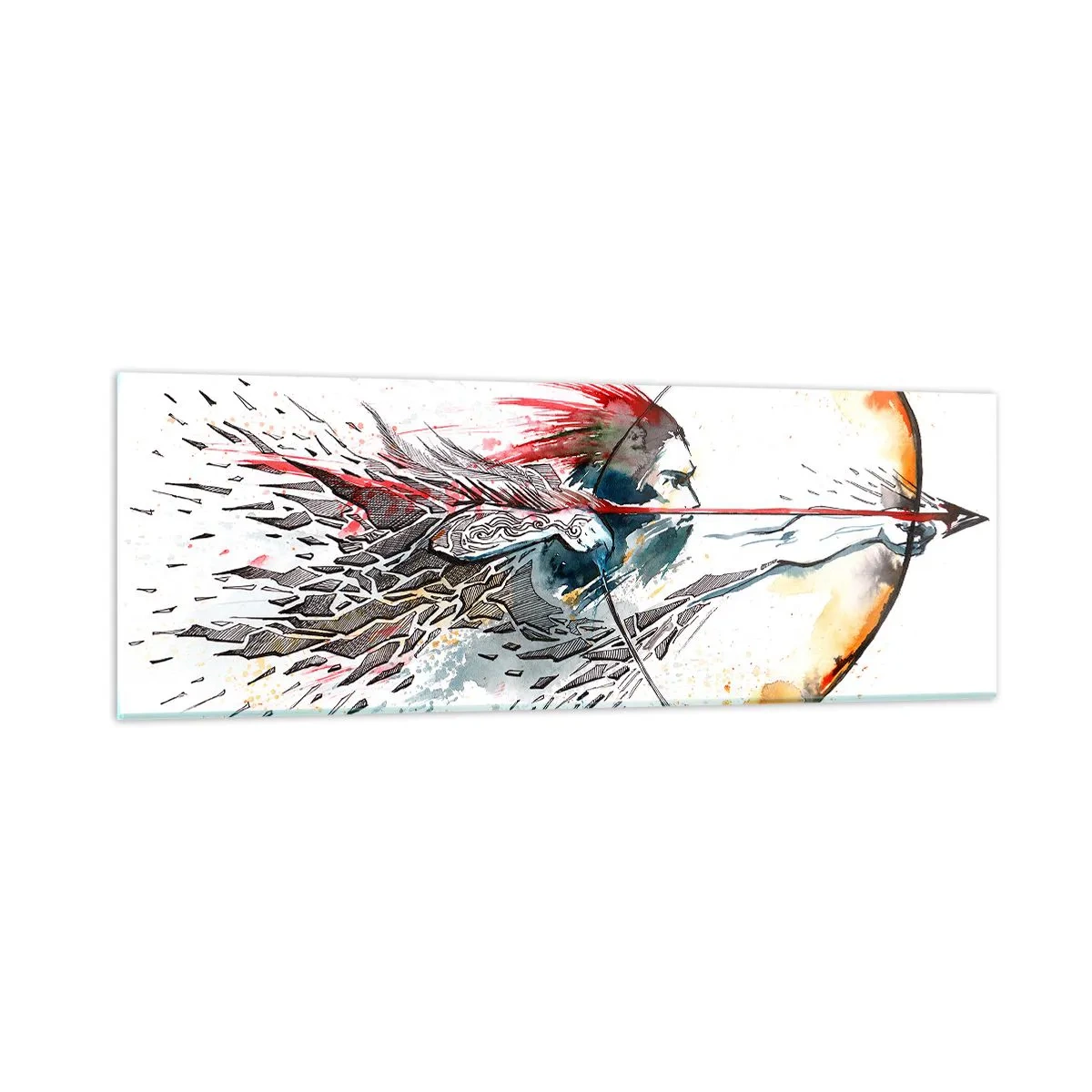 Schilderen op glas - Mythische krijger met een vurige boog - 90x30 cm