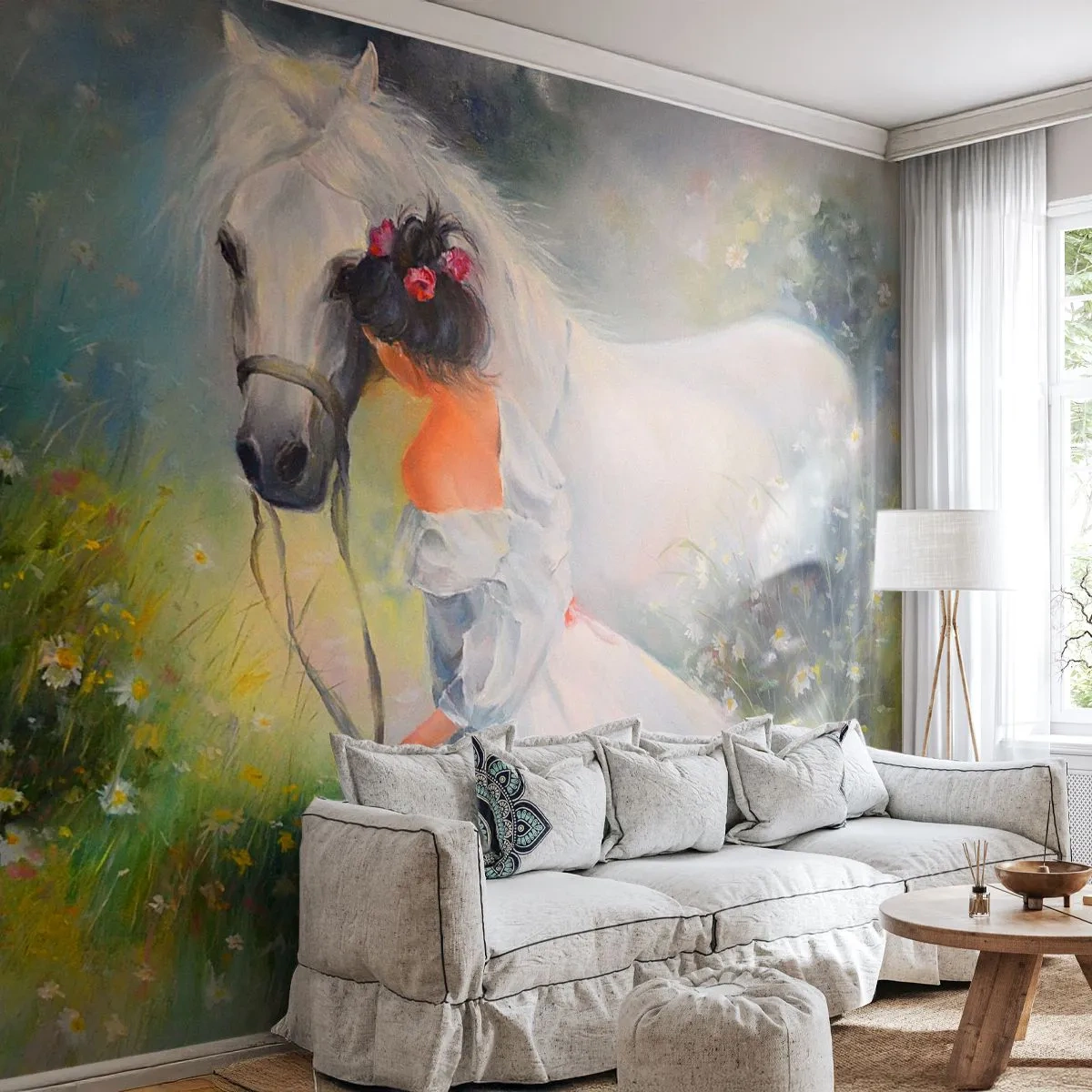 Fotobehang Premium Canvas - Als uit een mooie droom - Vrouw, Paard, Wei - 500x350 cm