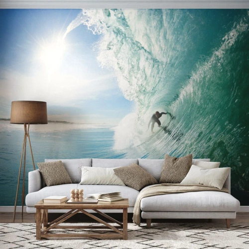 Fotobehang Premium Canvas - Altijd op de golf - Landschap, Oceaan, Surfer - 250x175 cm