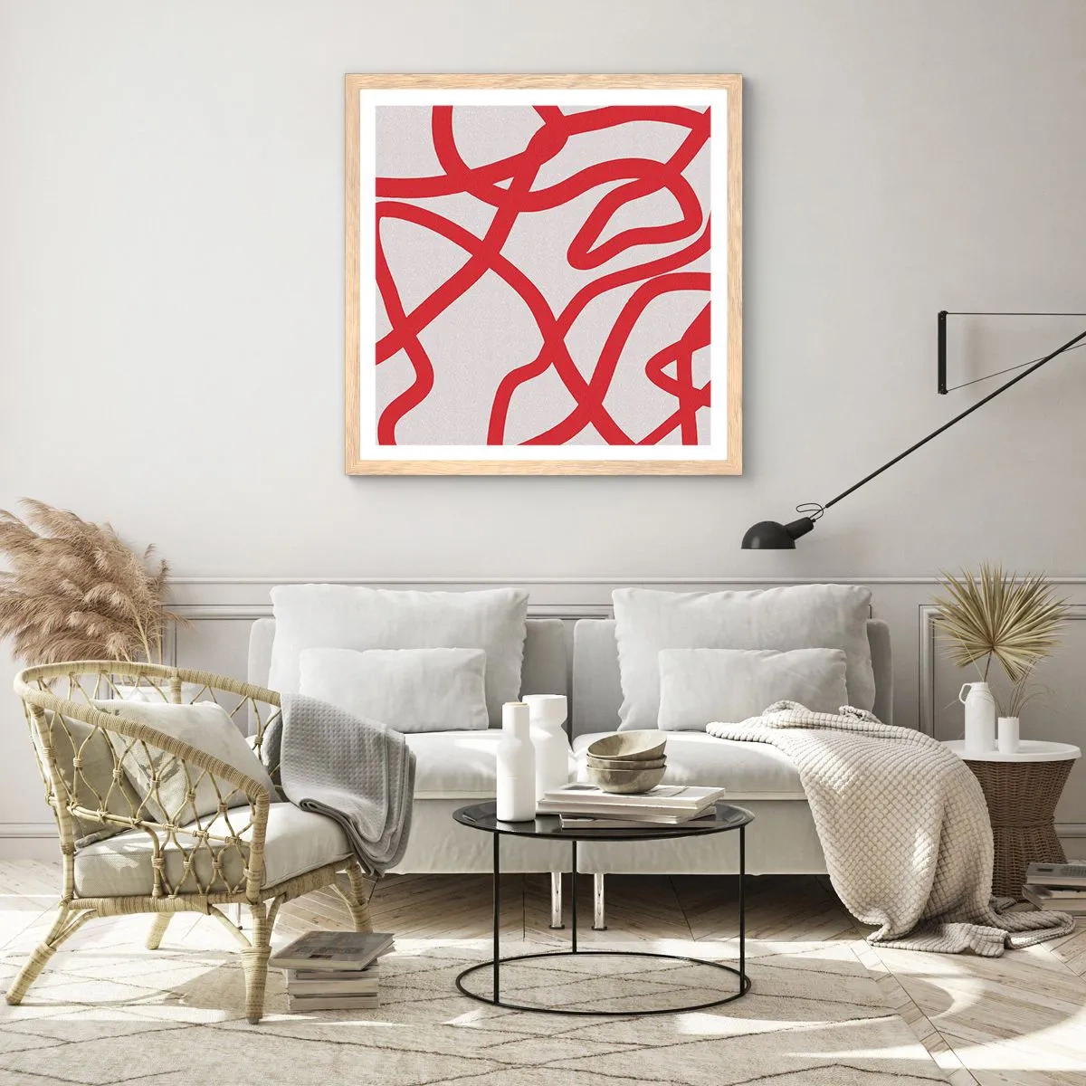 Een poster in een licht eiken lijst - Rood op wit - 40x40 cm