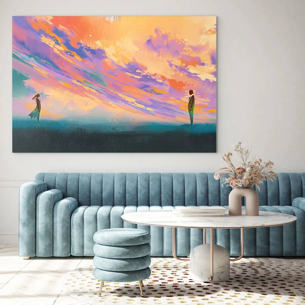 Schilderen op glas - Twee mensen tegen de achtergrond van een kleurrijke zonsondergang - 70x50cm - Aantrekkingskracht - Moderne wanddecoratie voor woonkamer en slaapkamer ARTTOR