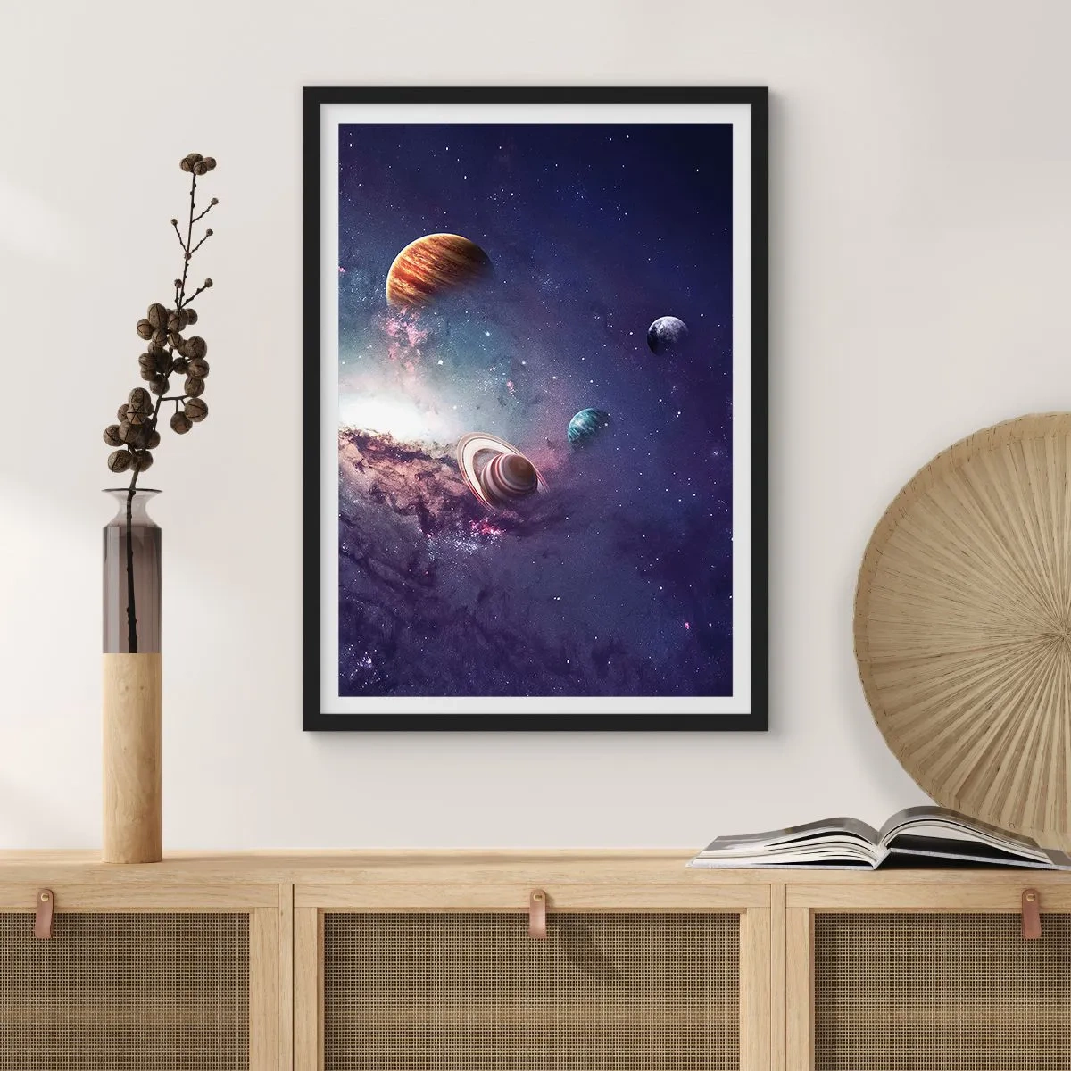 Poster in een zwarte lijst - Een kleurrijke opstelling van planeten in een kosmische omgeving - 50x70cm - Zonne-dans systeem - Moderne wanddecoratie voor woonkamer en slaapkamer ARTTOR