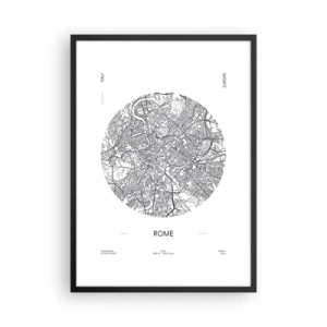 Poster in een zwarte lijst - Een minimalistische kaart van Rome in zwart-wit. - 50x70cm - Anatomie van Rome - Moderne wanddecoratie voor woonkamer en slaapkamer ARTTOR