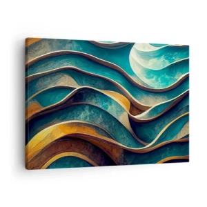 Schilderen op canvas - Abstracte golven in tinten turquoise en goud - 70x50cm - Meanders van blauw - Moderne wanddecoratie voor woonkamer en slaapkamer ARTTOR