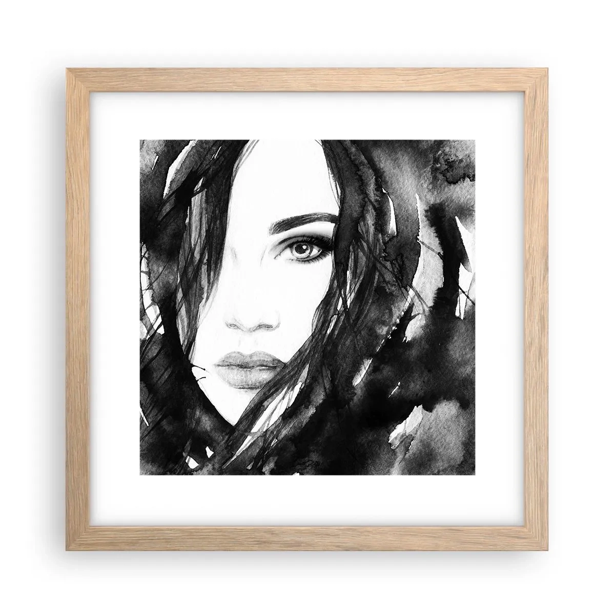Een poster in een licht eiken lijst - Portret van een dame in zwart en wit - 30x30 cm